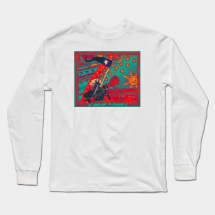 FEMALE KNIGHT OF STARS HORSEBACK IN NIGHT BLUE, RED ,YELLOW AND FLAMMARION Surreal Cosmic Sky, Sun And Moon Long Sleeve T-Shirt